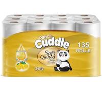 Panda Cuddle Rolls Toilet Tissue 3 Ply - Soft Quilted Toilet Rolls Tissue for Everyday Family Use - Strong & Absorbent Bathroom Paper (Lemon Zest, Pack of 135)