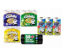 Panda Cuddle Toilet Tissue & Kitchen Towel Bundle | 27 Toilet Rolls (9 Classic, 9 Aloe Vera, 9 Lemon) + 3 Giant 3-Ply Kitchen Towels + 1 Heavy Duty Bin Bag Roll