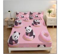 Panda Donut Fitted Sheet King Size Deep Pocket 30cm, Easy Care Soft Brushed Microfibre Fabric Cute Printed Pink Bed Sheets, Wrinkle Bedding Sheets (150x200cm)