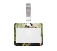 Panda Eat Bamboo Id Badge Holder with Lanyard-Horizontal Card Protector, Clear Abs Hard Shell for Work Office Events