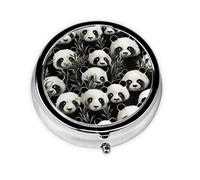 Panda Graphic Black and White Pill Case with Mirror Retro 3 Compartment Pill Box Small Pill Organizer for Purse or Pocket Decorative Metal Medicine Vitamin Organizer Unique Gifts