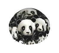 Panda Graphic Black and White Shower Caps for Women Reusable Waterproof Shower Cap with Elastic Strap Bath Hair Hat Double Layers Thick Bath Caps for Spa Salon Travel