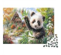 Panda in Cottage Thick Paper Panda Waving by Wooden Cabin in Woods Jigsaw Puzzle Bundle for Seniors Brain Training Secret Santa Gift 38x26cm/1000pcs