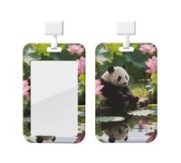 Panda Lotus Pond Id Badge Holder with Lanyard-Vertical Card Protector Clear Abs Hard Shell, Retractable Reel for Work Office