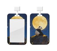 Panda Moon Night Id Badge Holder with Lanyard-Vertical Card Protector Clear Abs Hard Shell, Retractable Reel for Work Office