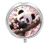 Panda on A Cherry Blossom Tree Pill Box Travel Pill Case for Purse Pocket | Weekly Medicine Organizer with Mirror 3 Compartment Round Medicine Case Portable Pill Case Holder for Daily