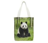 Panda Pattern Black Tote Bag Fashion Shopping Bag with Inner Pocket Exquisite Canvas Handbag Double Sided Print Shoulder Container Lightweight Reusable Grocery Pocket for Women Cute Shopper Tote