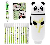 Panda Pencil Case, 2-in-1 Silicone Pencil Pouch, 12PCS Erasable Gel Pens 10 in 1 Ballpoint Pens, Notepad, Cartoon Pen Case Stretchable Pen Holder Pencil Bag Stationery Organizer for School Supplies