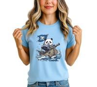 Panda Pirate Womens Graphic T-Shirt Animal Ocean Adventure Ladies Tee Boat Flag M (12-14) Sky Blue