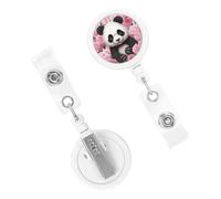 Panda Rose Flowers Pink White Stripe Badge Reels Retractable Badge Holder with Alligator Clip Cute Nurse Telescopic Badge Clip Name ID Card Holders for Office Worker Doctor Nurse Key Holder