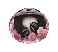 Panda Rose Flowers White Stripe Shower Caps for Women Reusable Waterproof Shower Cap with Elastic Strap Bath Hair Hat Double Layers Thick Bath Caps for Spa Salon Travel
