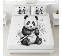 Panda Single Fitted Sheet 90 x 190 cm Cute Baby Animal Bamboo Leaf Bed Sheet with Deep Pocket, 30cm Deep Fit for Mattress - Soft Microfibre Bedding Set, Easy Care