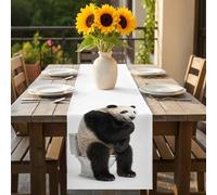 Panda Sitting on The Toilet Thinking Table Runner 16x72 inch Abstract Funny Animal Cotton Linen Dining Table Runner Ideal for Dresser Kitchen Coffee Tables - Machine Washable