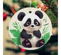 Panda Star Christmas Ceramic Ornaments with Gold String - 2.8 Inch Round Double-Sided Porcelain Xmas Tree Decor for Fireplace Mantel, Farmhouse Winter Holiday Hanging Ornaments
