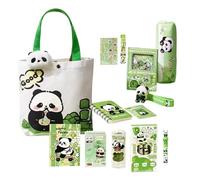 Panda Stationery Set- Pand a Pencil Case with Magnetic Bookmark Brooch, Eraser Notebooks Pens Rulers Sticky Notes Collection, Kids Study College Supplies | Complete Panda Themed School Set for Boys