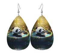 Panda taking a bath Pattern leather earrings | Water drop-shaped printed earrings, suitable for daily/party/dating scenes