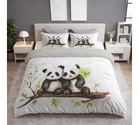 Panda Tree Branches Couples Duvet Cover - Watercolour Cartoon Illustration Soft, Fluffy, Versatile Oriental Cute Bedding Duvet Cover Set White for Couples - Super King 220 x 260