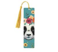 Panda with Flowers On Her Head Unique Double-Sided Artwork Printed Wooden Bookmarks, Artistic Book Accessories Birthday Presents for Men Women Presents for Book Lovers