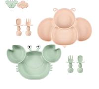 PandaEar 2-Pack Baby Silicone Suction Plates for Toddlers, Cute Crab & Bee Divided Self-Feeding Set with 4-Piece Utensils (2 Spoons & 2 Forks), BPA Free Dishwasher Safe Weaning Supplies (Pink & Green)