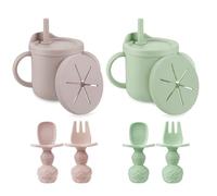 PandaEar 2 Pack Multifuction Silicone Baby Straw Cups & Snack Cups with 2 Spoons 2 Forks, Dual-Purpose Sippy Cup for Toddlers with Straw, No Spill Toddler Cups, Pink&Green
