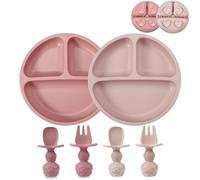 PandaEar 2 Pack Silicone Baby Suction Plates with 2 Spoons 2 Forks for Weaning Girls, Sectioned Divided Baby Weaning Plates, Toddler Dinner Plates Set for Toddlers Kids Childrens, BPA-Free, Pink