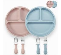 PandaEar 2 Pack Silicone Baby Suction Plates with 2 Spoons 2 Forks for Weaning, Sectioned Divided Baby Weaning Plates, Toddler Dinner Plates Set for Toddlers Kids Childrens, BPA-Free, Pink Blue