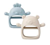 PandaEar 2 Pack Silicone Teething Toys | Baby Teether Mitten & Hand Pacifier for Soothing Teething Pain Relief (White/Blue)