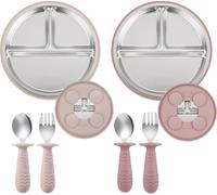 PandaEar 2 Pack Stainless Steel Baby Suction Plates & 2 Pack Spoons and Forks Set, Baby Feeding Set for Baby Girls, Divided Plates for Baby Led Weaning Supplies, BPA-Free