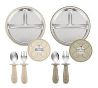 PandaEar 2 Pack Stainless Steel Baby Suction Plates & 2 Pack Spoons and Forks Set, Toddler Utensils Baby Feeding Set, Divided Plates for Baby Led Weaning Supplies, BPA-Free