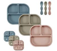 PandaEar 3 Pack Baby Suction Plates for Weaning with Spoons, Silicone Toddler Plates for Childrens Kids, Unbreakable Divided Baby Plate with Suction, Non-Slip, Non-Toxic, BPA Free (Blue Red Brown)