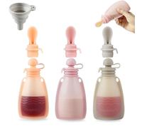 PandaEar 3 Pack Reusable Baby Food Pouches with Spoon Attachments & Filling Funnel - Silicone Squeeze Feeder for Weaning - Refillable Yoghurt & Puree Storage 150ml/5.5oz (Pink/Linen)