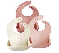 PandaEar 3 Pack Silicone Baby Bibs for Weaning - Waterproof Food Grade Soft Bibs with Deep Mess Catcher Pocket, Adjustable Neck Strap, Essential Feeding Supplies for Toddlers (Muted Pink, Rose, Linen)