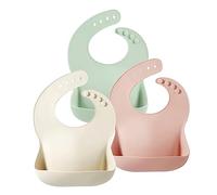 PandaEar 3 Pack Silicone Bibs for Babies & Toddlers, Waterproof Baby Bibs 6-12-18 months for Weaning, BPA Free Adjustable Baby Feeding Bib with Large Pocket Food Catcher