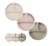 PandaEar 3 Pack Silicone Suction Plates for Babies Weaning - Divided Toddler Plates for Self Feeding, Stay Put Non-Slip Baby Plates for High Chair Tray (Brown, Tea, Flax)