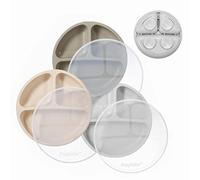 PandaEar 3 Pack Silicone Suction Plates with Lids for Baby Weaning - Divided Plates for Kids and Toddlers Childrens - Unbreakable Weaning Plates - Sectioned Baby Plate Set (Creamy Grey Brown)