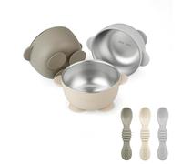 PandaEar 3 Pack Stainless Steel Baby Suction Bowls with 3 Spoons, Stay Put Silicone Food Bowl Babies Led Weaning Supplies for Kids Toddlers, BPA-Free -Linen Brown Tan