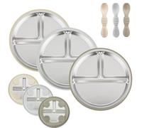 PandaEar 3 Pack Stainless Steel Baby Suction Plates & 3 Pack Baby Led Weaning Spoons, Toddler Utensils Baby Feeding Set, Divided Plates for Self-Feeding Training, BPA-Free