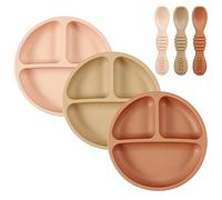 PandaEar 3 Pack Toddler Plates with 3 Spoons, 100% Silicone Divided Suction Plate for Babies, BPA-Free, Dishwasher and Microwave Safe -Pink/Brown/Brick red