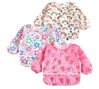 PandaEar 3 Pack Waterproof Long Sleeve Baby Bibs for Eating & Messy Play, Toddler Smock with Food Catcher Pocket, Lightweight Reusable Feeding Apron for Infant 6-36 Months (Pink)