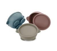PandaEar 3 Pack with Suction, Silicone Toddler Bowls with Lids, No Spill Suction Bowls for Baby Infant First Stage, Baby Food Feeding Bowl Set, Blue/Brown/Red