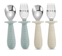 PandaEar 4 Pack Toddler Baby Cutlery Self Feeding Set, Silicone Stainless Steel Utensils Silverware Spoon Fork, 12 Months Plus, with Silicone Holding Anti-Choke Design (Morandi Green & Milky White)