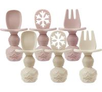 PandaEar 6 Pack Silicone Baby Spoons Forks Weaning Set, Short Toddler Cutlery with Anti-Choke Guard & Snowflake Pre-Spoon Dipper for Self Feeding, Stage 1 & 2 Infant Training Supplies(Pink & Linen)