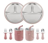 PandaEar 8 Pack Stainless Steel Baby Feeding Set | 2 Pack Divided Baby Plates with Suction, 2 Pack Sippy Cup with Straw, 2 Spoon & 2 Fork | BPA-Free Toddler Weaning Set