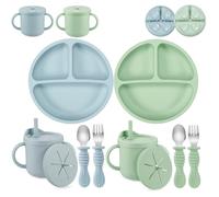 PandaEar 8-Piece Silicone Baby Feeding Set - 2X Suction Plates, 2X 2-in-1 Sippy Cups, 2X Spoon & Fork Sets | Travel Weaning Supplies | BPA Free Self-Feeding Kit (Light Blue/Light Green)
