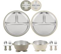 PandaEar 8PCS Baby Feeding Set | Stainless Steel Suction Plates and Bowls with Silicone Fork and Spoon Utensils | Baby Led Weaning Tableware for Toddlers & Kids (Tan & Walnut)