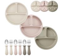 PandaEar 9-Piece Silicone Suction Plates for Toddlers & Babies, 3 Divided Feeding Plates with 3 Small Stainless Steel Spoons & Forks, BPA Free Food Grade, Baby Led Weaning Supplies