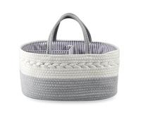 PandaEar Baby Nappy Caddy Organiser - 15"x9"x7" Large Cotton Rope Diaper Basket with Handles | Portable Changing Station for Nursery & Travel | Newborn Shower Gift Hamper (Grey & White)