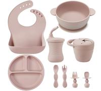 PandaEar Silicone Baby Feeding Set | 9PCS Baby Led Weaning Set | Baby Eating Set | Divided Suction Plate Bowl Bibs Sippy Cup with Baby Snack Container Spoons Forks (Pink)