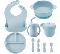 PandaEar Silicone Baby Feeding Set | 9PCS Baby Led Weaning Set | Baby Eating Set | Divided Suction Plate Bowl Bibs Sippy Cup with Baby Snack Container Spoons Forks (Blue)