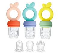 PandaEar Silicone Baby Fruit Feeder Pacifier| Baby Food Dummy Feeder| Teething Weaning Dummies Fruit Teether| 3 Pack Fruit Dummy for Babies 6-12 Months with 3 Sizes Silicone Pouches, BPA Free